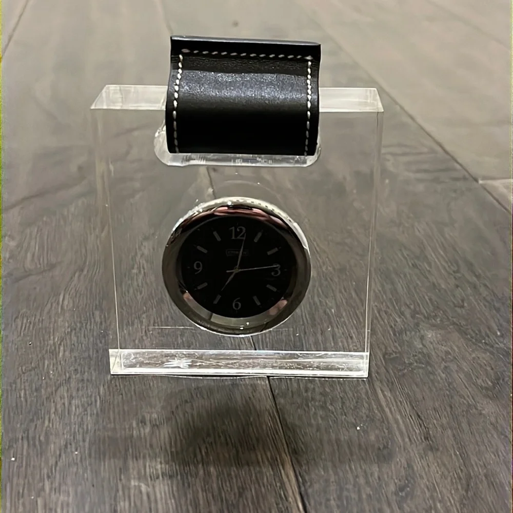 Coach New York Paperweight Desk Clock leather used lucite